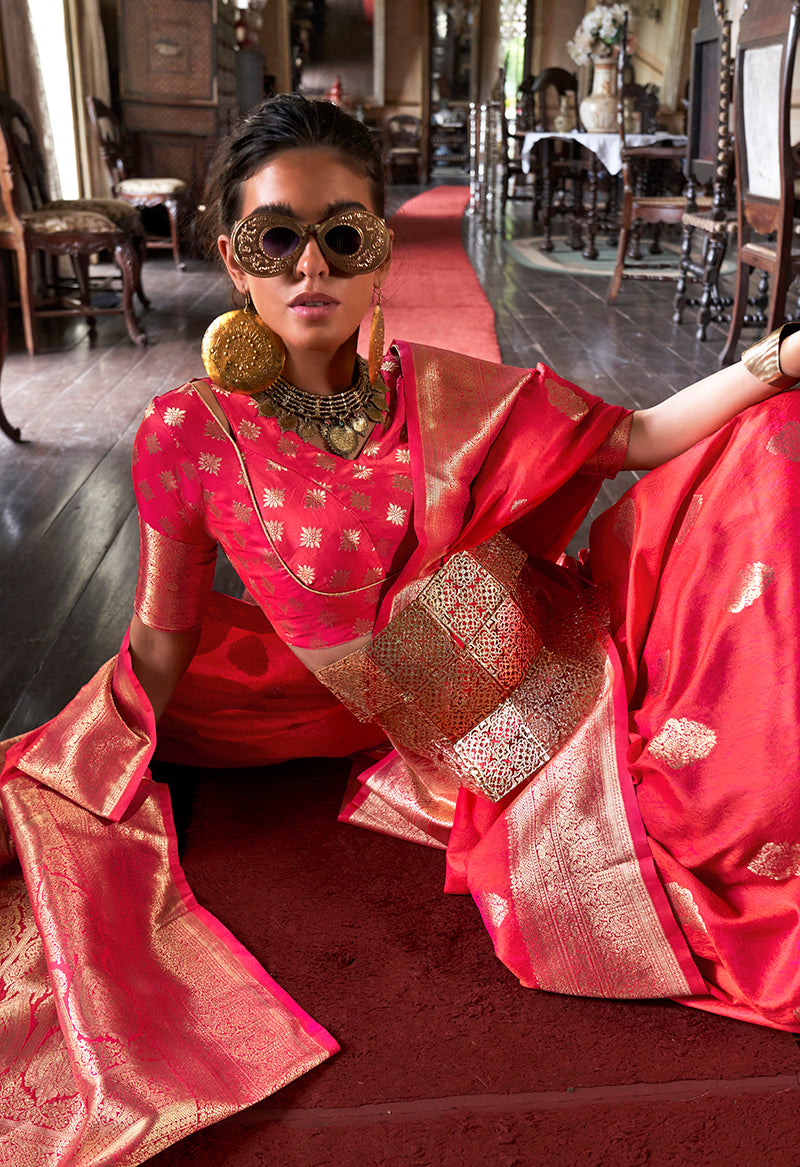 Monjolika Fashion Pink Color Two Tone Handloom Weaving Silk Traditional Saree | Grocsy