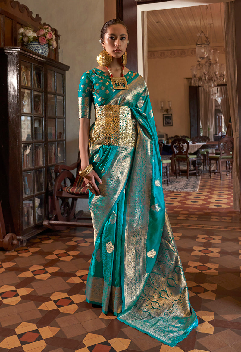 Monjolika Fashion Turquoise Color Two Tone Handloom Weaving Silk Traditional Saree | Grocsy