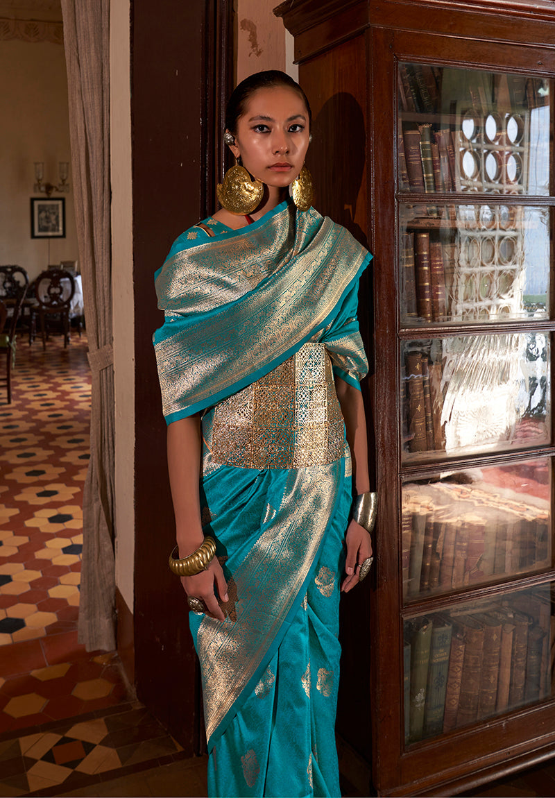 Monjolika Fashion Turquoise Color Two Tone Handloom Weaving Silk Traditional Saree | Grocsy