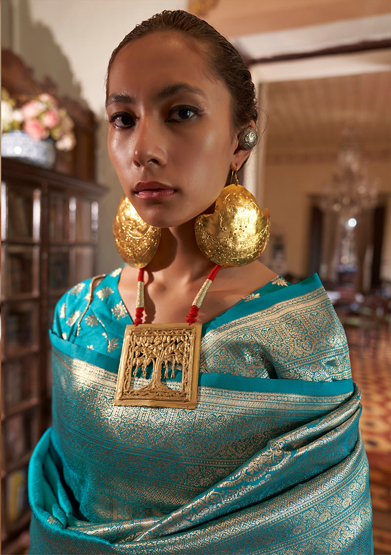 Monjolika Fashion Turquoise Color Two Tone Handloom Weaving Silk Traditional Saree | Grocsy