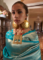 Monjolika Fashion Turquoise Color Two Tone Handloom Weaving Silk Traditional Saree | Grocsy