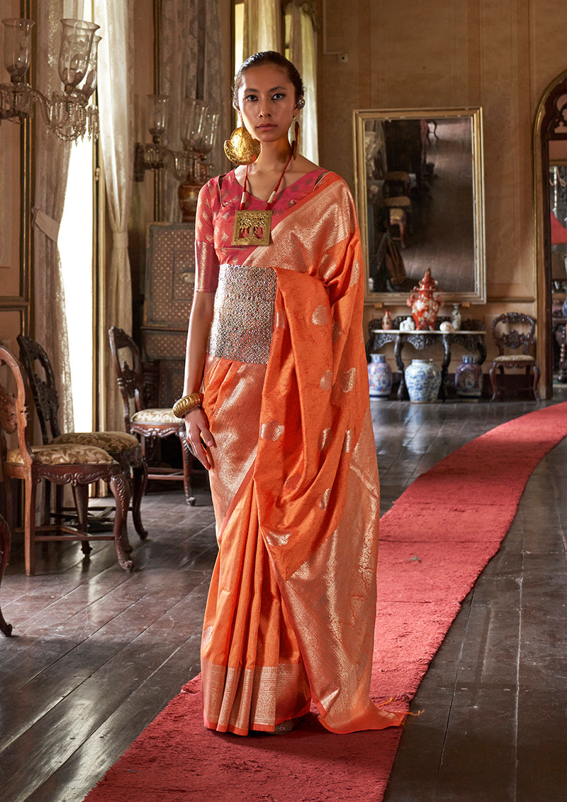 Monjolika Fashion Orange Color Two Tone Handloom Weaving Silk Traditional Saree | Grocsy