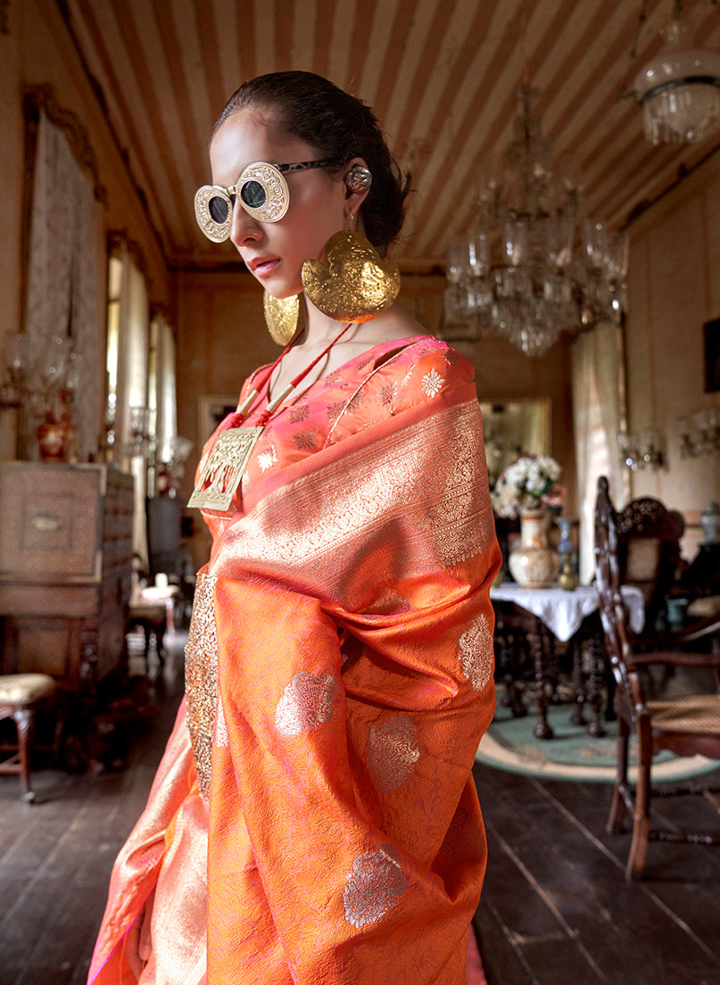 Monjolika Fashion Orange Color Two Tone Handloom Weaving Silk Traditional Saree | Grocsy