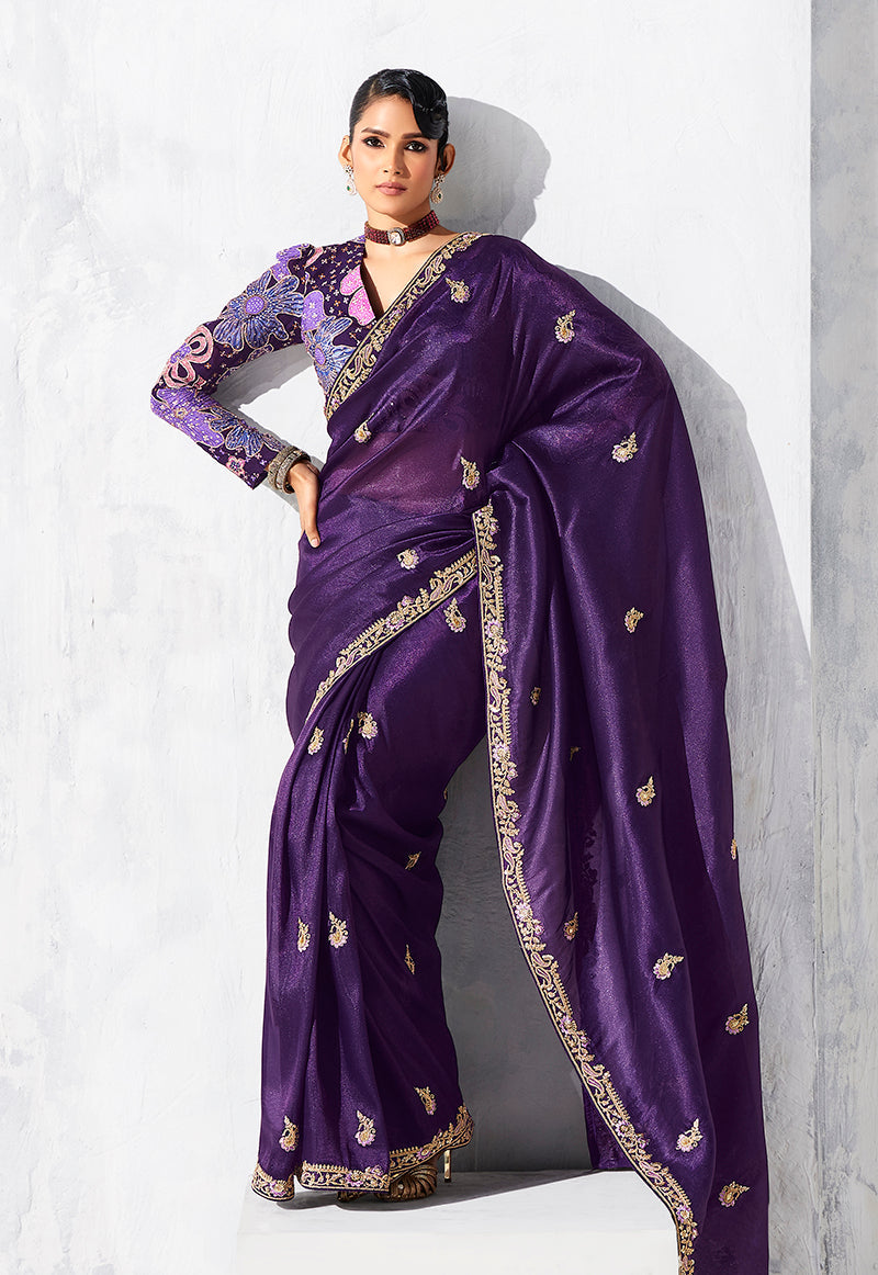Monjolika Fashion Purple Fancy Fabric Embroidered Contemporary Saree | Grocsy
