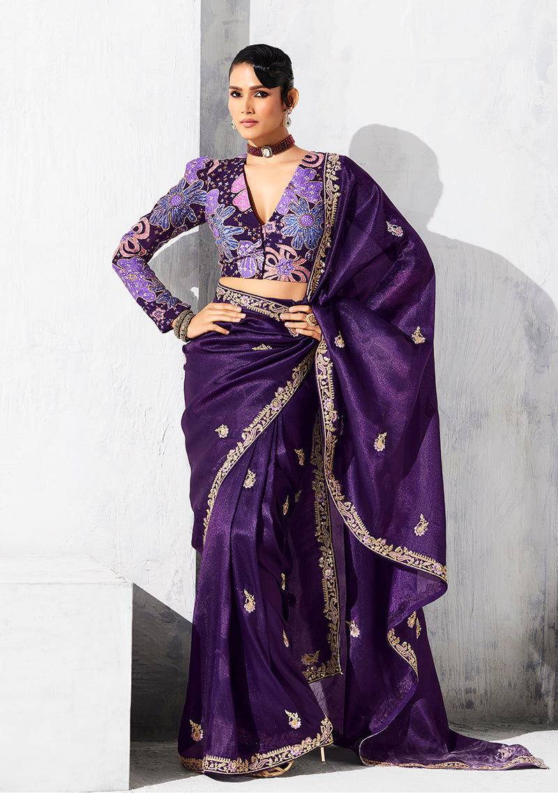 Monjolika Fashion Purple Fancy Fabric Embroidered Contemporary Saree | Grocsy