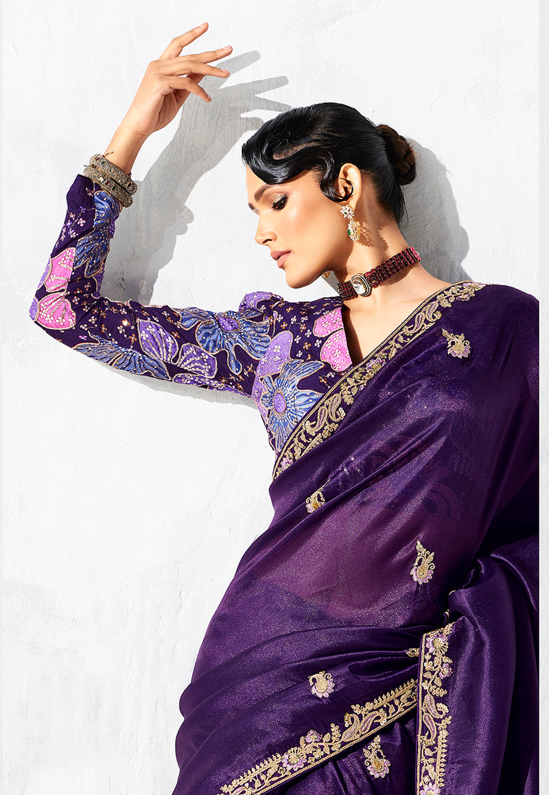 Monjolika Fashion Purple Fancy Fabric Embroidered Contemporary Saree | Grocsy