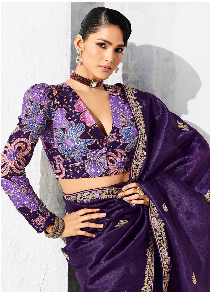 Monjolika Fashion Purple Fancy Fabric Embroidered Contemporary Saree | Grocsy