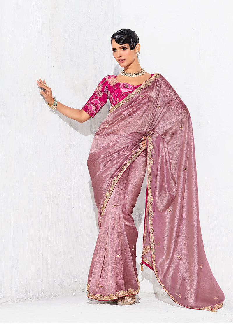 Monjolika Fashion Pink Fancy Fabric Embroidered Contemporary Saree | Grocsy