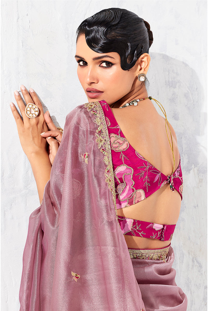 Monjolika Fashion Pink Fancy Fabric Embroidered Contemporary Saree | Grocsy