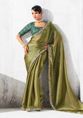 Monjolika Fashion Olive Green Fancy Fabric Embroidered Contemporary Saree | Grocsy