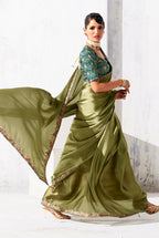 Monjolika Fashion Olive Green Fancy Fabric Embroidered Contemporary Saree | Grocsy