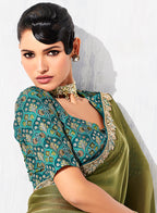 Monjolika Fashion Olive Green Fancy Fabric Embroidered Contemporary Saree | Grocsy