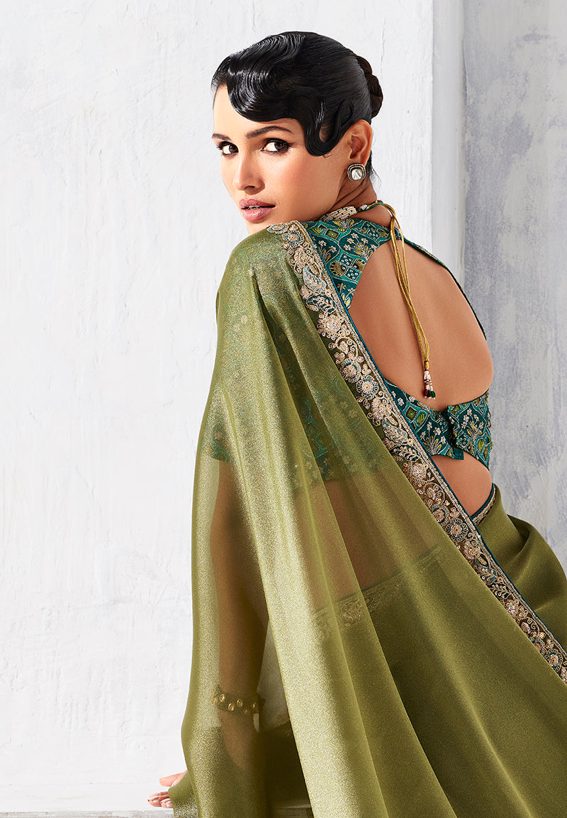 Monjolika Fashion Olive Green Fancy Fabric Embroidered Contemporary Saree | Grocsy