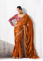 Monjolika Fashion Rust Fancy Fabric Embroidered Contemporary Saree | Grocsy