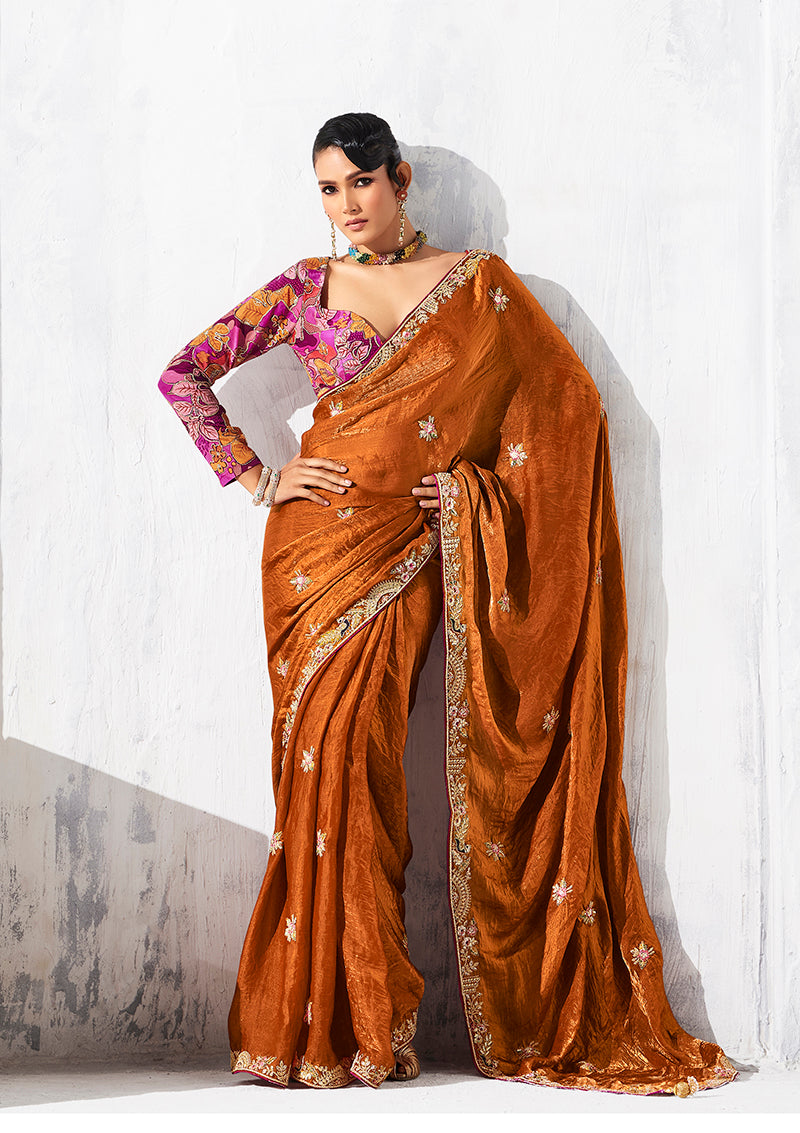 Monjolika Fashion Rust Fancy Fabric Embroidered Contemporary Saree | Grocsy