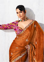 Monjolika Fashion Rust Fancy Fabric Embroidered Contemporary Saree | Grocsy