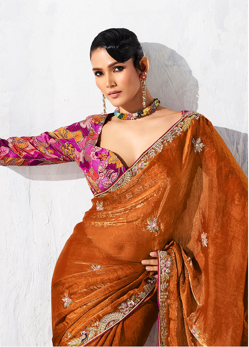 Monjolika Fashion Rust Fancy Fabric Embroidered Contemporary Saree | Grocsy