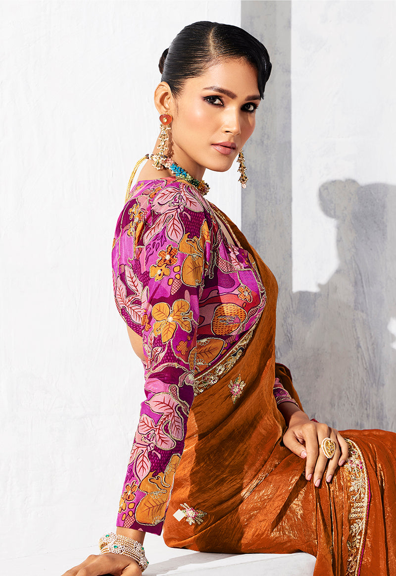 Monjolika Fashion Rust Fancy Fabric Embroidered Contemporary Saree | Grocsy