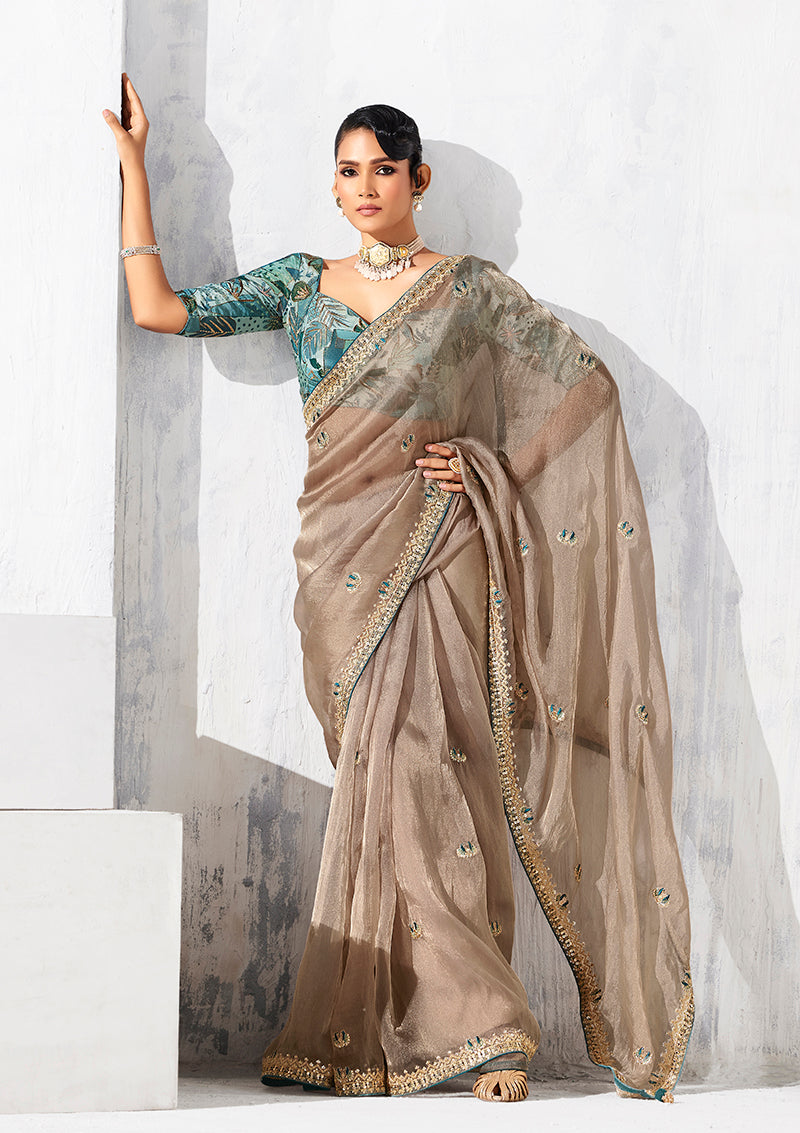 Monjolika Fashion Beige Fancy Fabric Embroidered Contemporary Saree | Grocsy