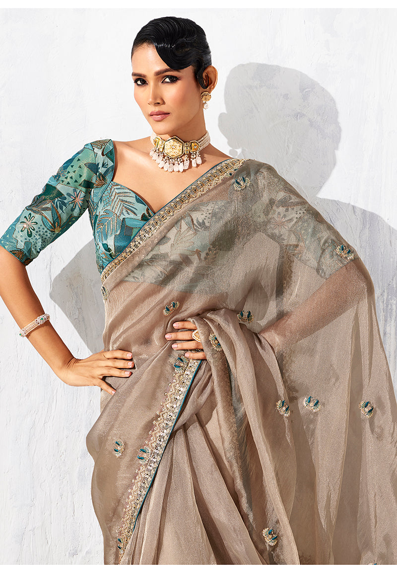 Monjolika Fashion Beige Fancy Fabric Embroidered Contemporary Saree | Grocsy