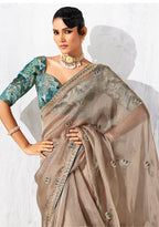 Monjolika Fashion Beige Fancy Fabric Embroidered Contemporary Saree | Grocsy