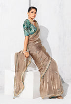 Monjolika Fashion Beige Fancy Fabric Embroidered Contemporary Saree | Grocsy
