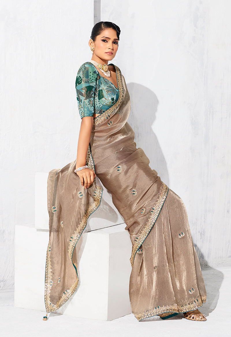 Monjolika Fashion Beige Fancy Fabric Embroidered Contemporary Saree | Grocsy
