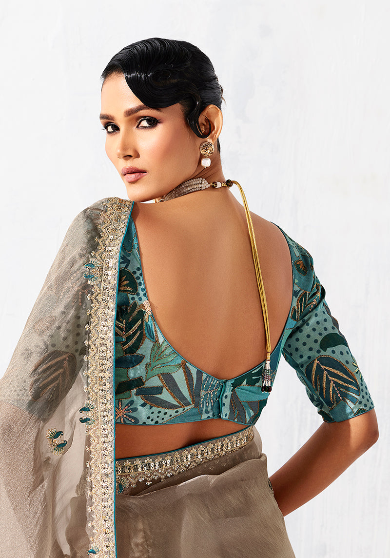 Monjolika Fashion Beige Fancy Fabric Embroidered Contemporary Saree | Grocsy