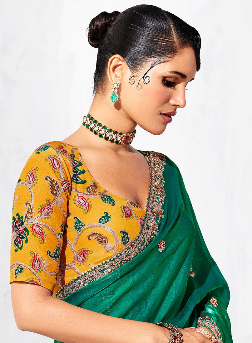 Monjolika Fashion Teal Fancy Fabric Embroidered Contemporary Saree | Grocsy