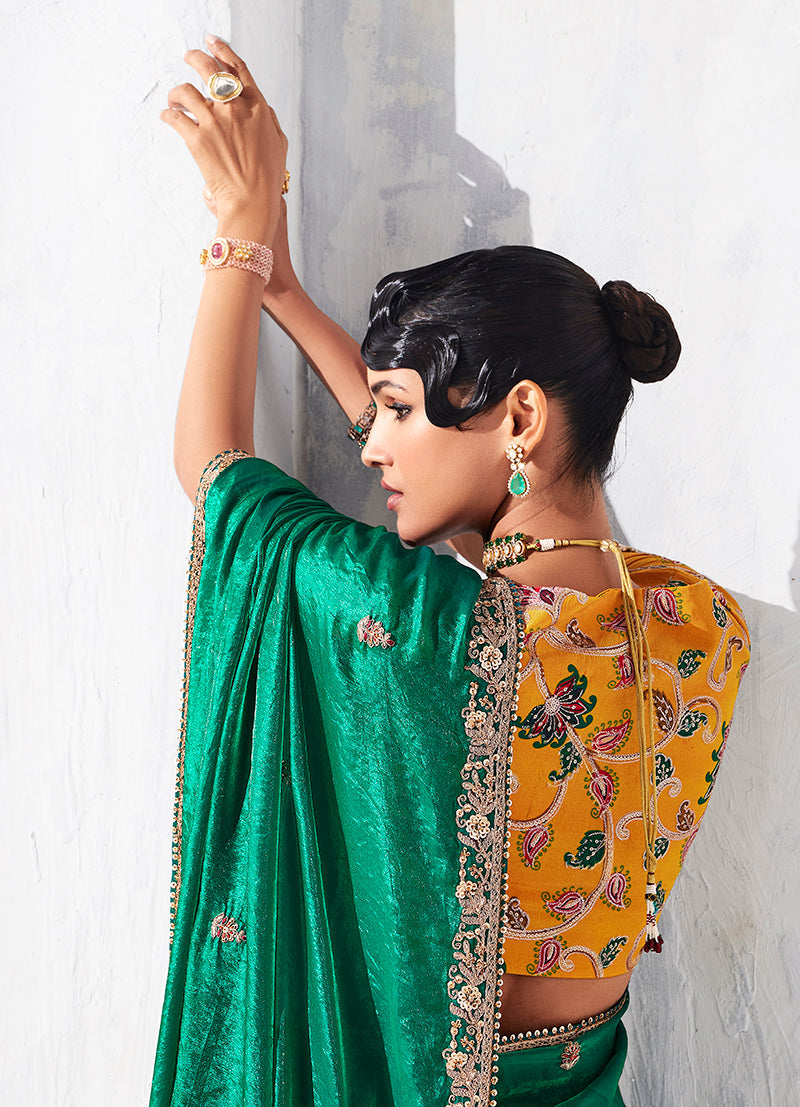 Monjolika Fashion Teal Fancy Fabric Embroidered Contemporary Saree | Grocsy