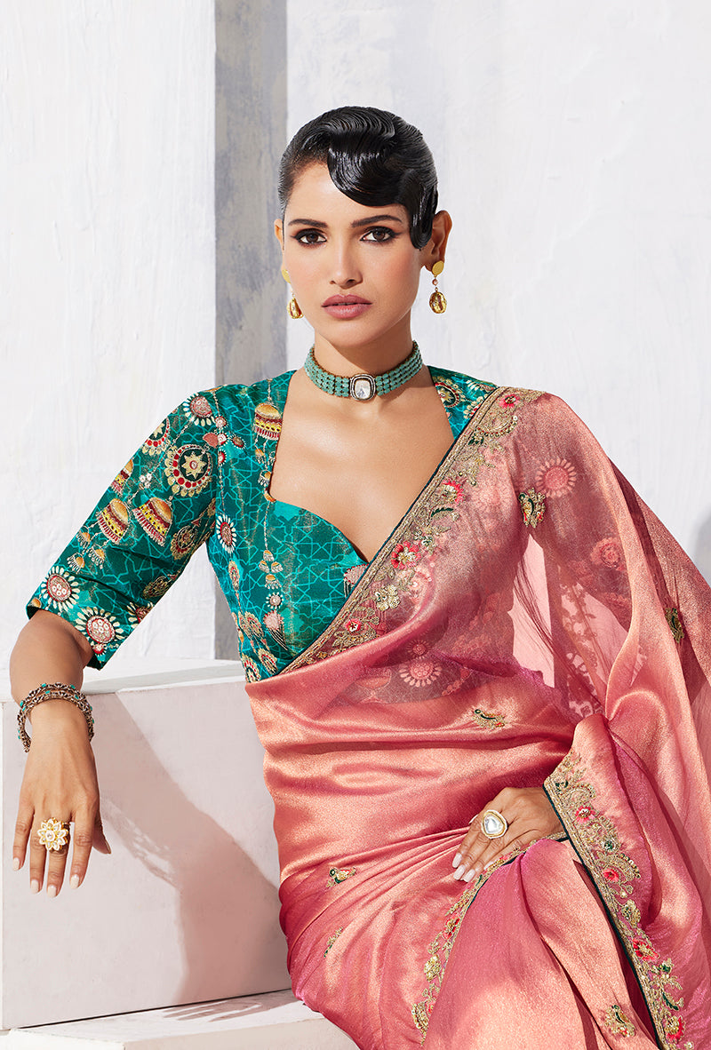 Monjolika Fashion Pink Fancy Fabric Embroidered Contemporary Saree | Grocsy
