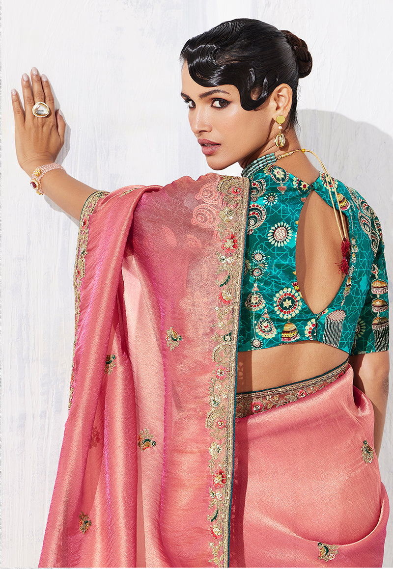 Monjolika Fashion Pink Fancy Fabric Embroidered Contemporary Saree | Grocsy
