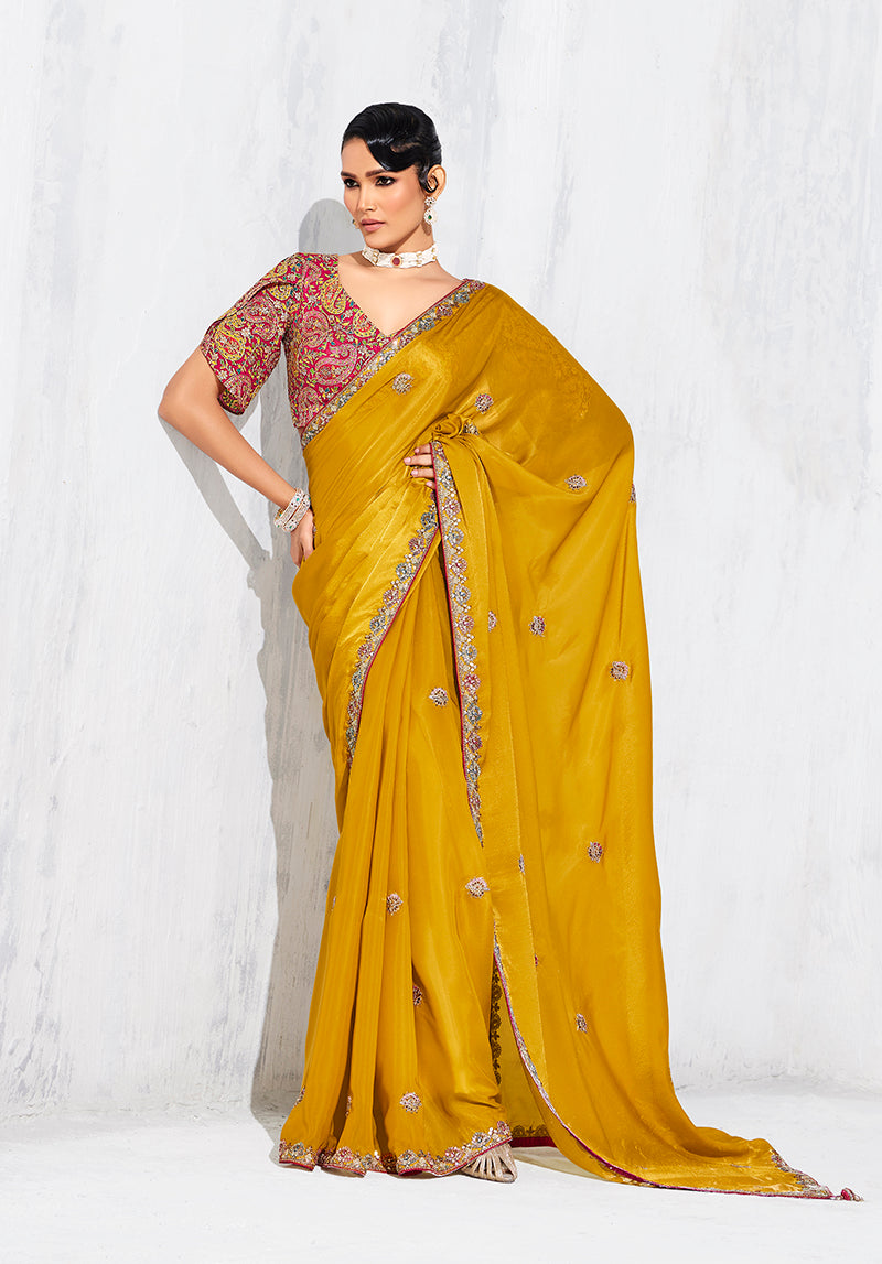 Monjolika Fashion Mustard Fancy Fabric Embroidered Contemporary Saree | Grocsy