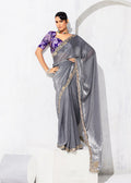 Monjolika Fashion Grey Fancy Fabric Embroidered Contemporary Saree | Grocsy