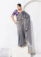 Monjolika Fashion Grey Fancy Fabric Embroidered Contemporary Saree | Grocsy