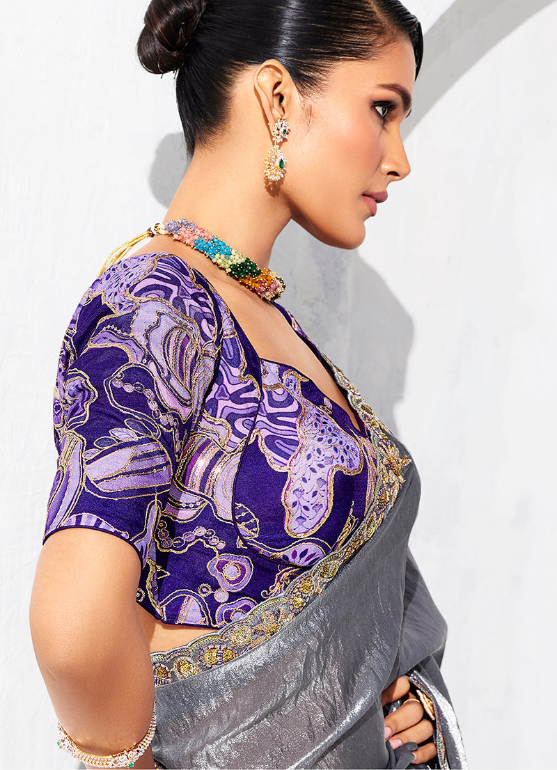 Monjolika Fashion Grey Fancy Fabric Embroidered Contemporary Saree | Grocsy
