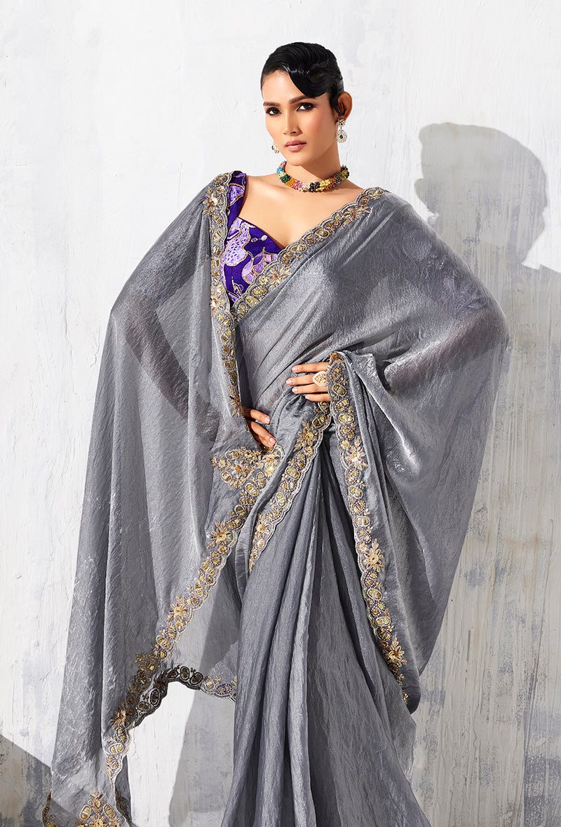 Monjolika Fashion Grey Fancy Fabric Embroidered Contemporary Saree | Grocsy
