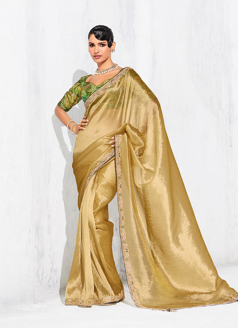 Monjolika Fashion Golden Fancy Fabric Embroidered Contemporary Saree | Grocsy