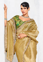 Monjolika Fashion Golden Fancy Fabric Embroidered Contemporary Saree | Grocsy