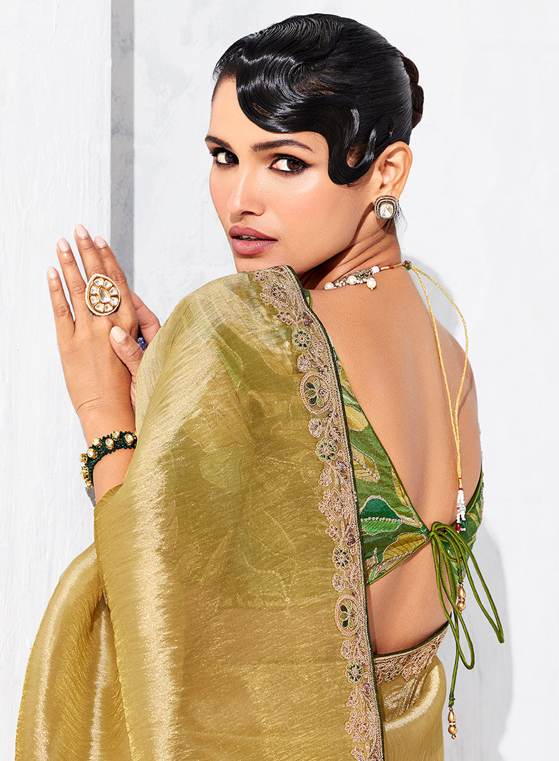 Monjolika Fashion Golden Fancy Fabric Embroidered Contemporary Saree | Grocsy