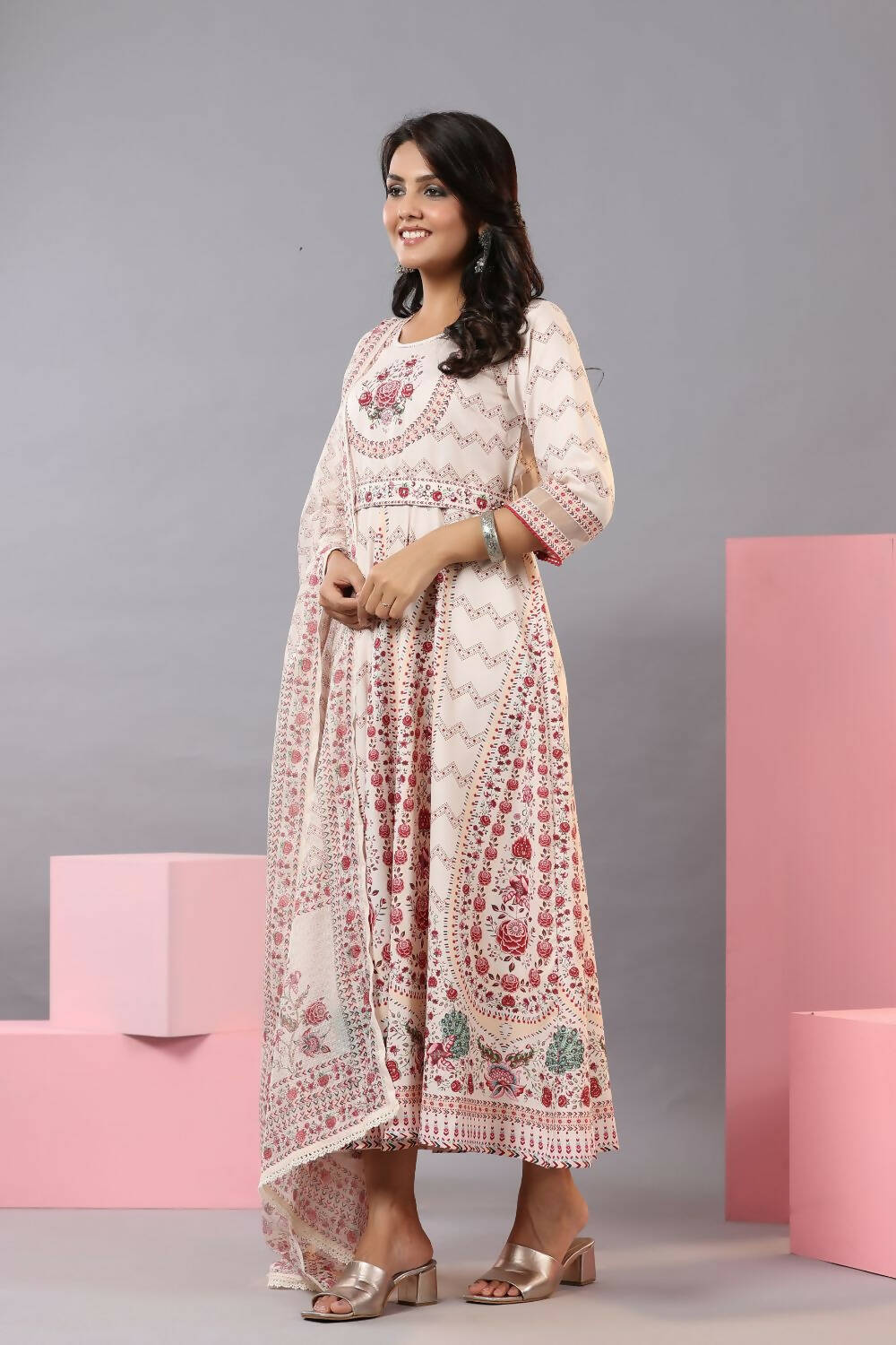 Juniper Women Ecru Rayon Floral Printed Kurta and Dupatta Set | Grocsy