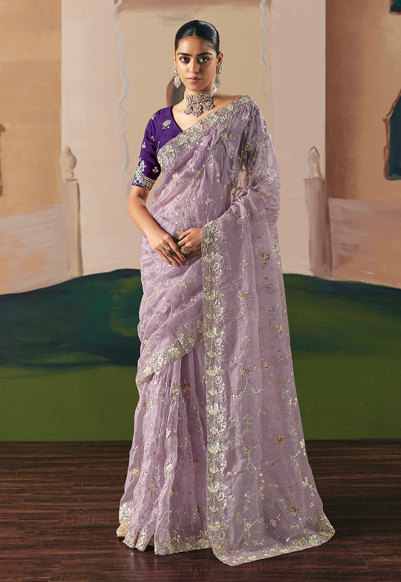 Monjolika Fashion Embroidered Lilac Fancy Fabric Party Designer Saree | Grocsy