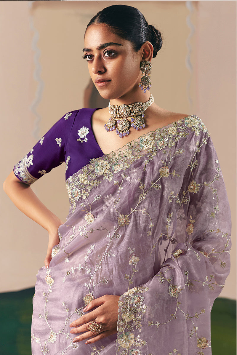 Monjolika Fashion Embroidered Lilac Fancy Fabric Party Designer Saree | Grocsy