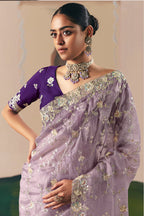 Monjolika Fashion Embroidered Lilac Fancy Fabric Party Designer Saree | Grocsy