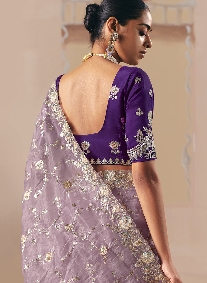 Monjolika Fashion Embroidered Lilac Fancy Fabric Party Designer Saree | Grocsy