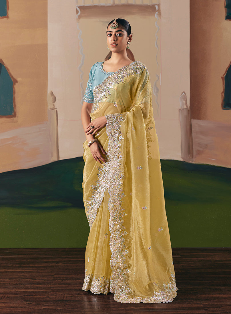 Monjolika Fashion Embroidered Pastel Yellow Fancy Fabric Party Designer Saree | Grocsy