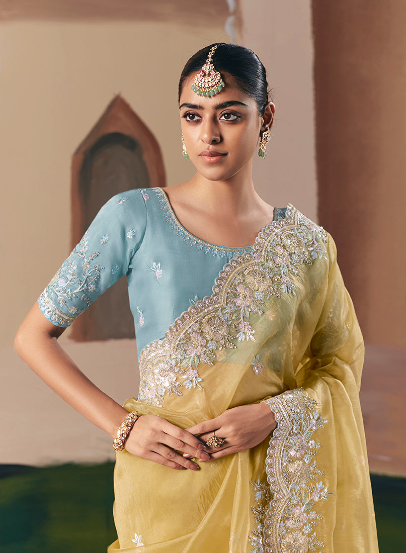 Monjolika Fashion Embroidered Pastel Yellow Fancy Fabric Party Designer Saree | Grocsy