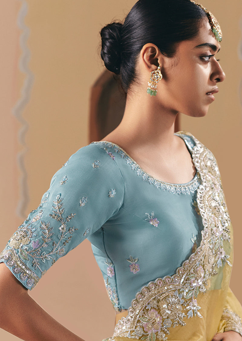 Monjolika Fashion Embroidered Pastel Yellow Fancy Fabric Party Designer Saree | Grocsy