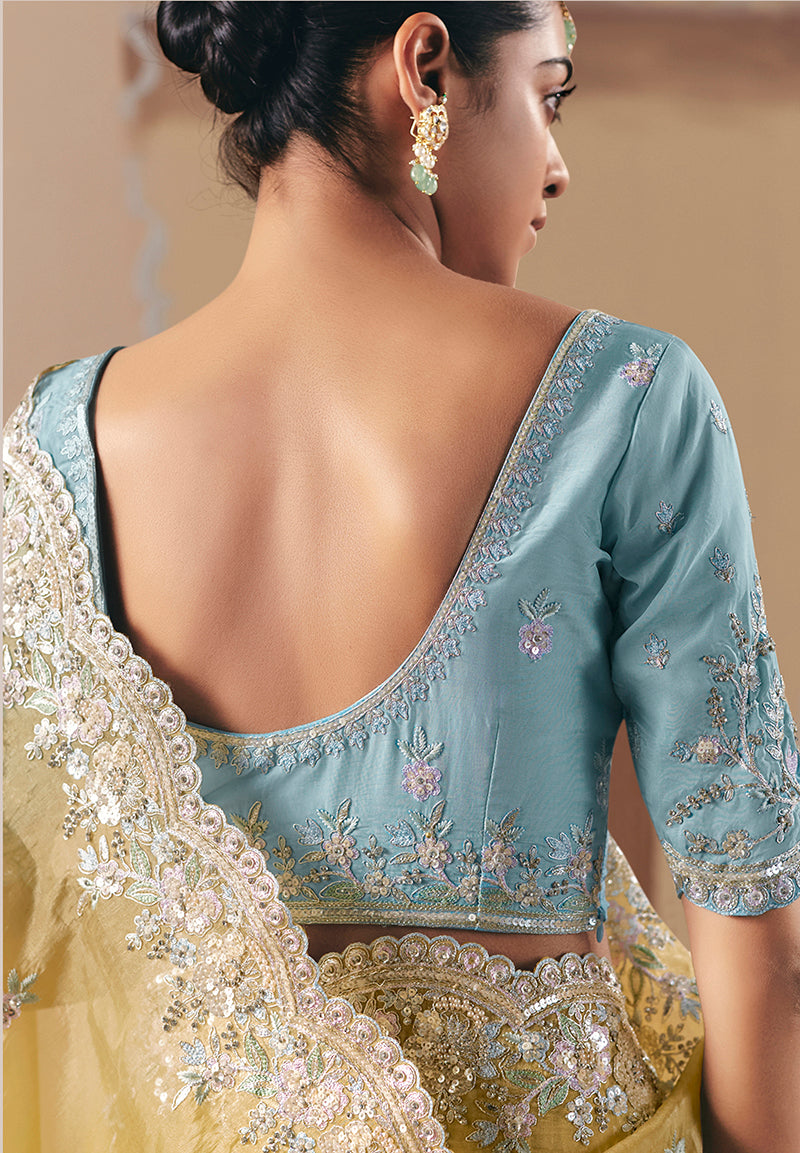 Monjolika Fashion Embroidered Pastel Yellow Fancy Fabric Party Designer Saree | Grocsy