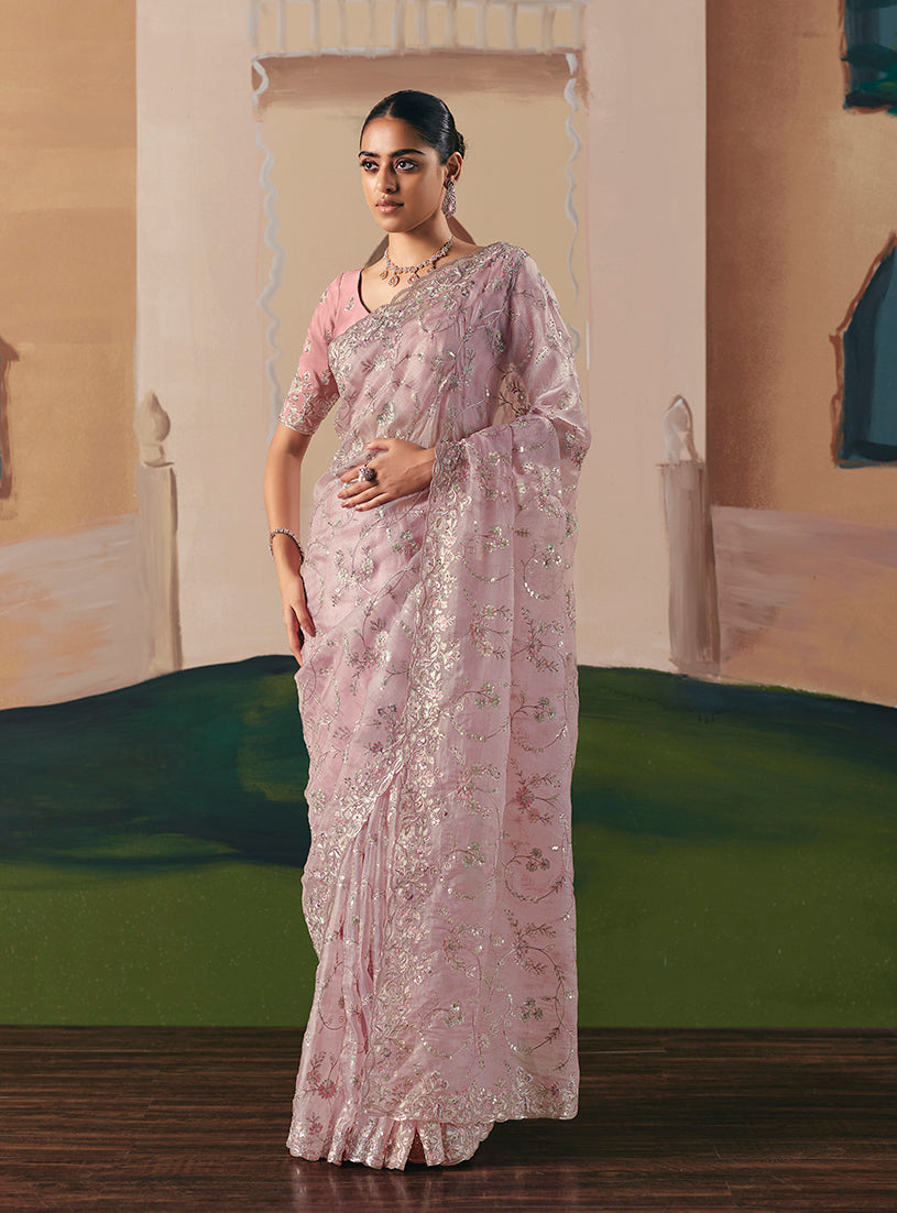 Monjolika Fashion Embroidered Light Pink Fancy Fabric Party Designer Saree | Grocsy